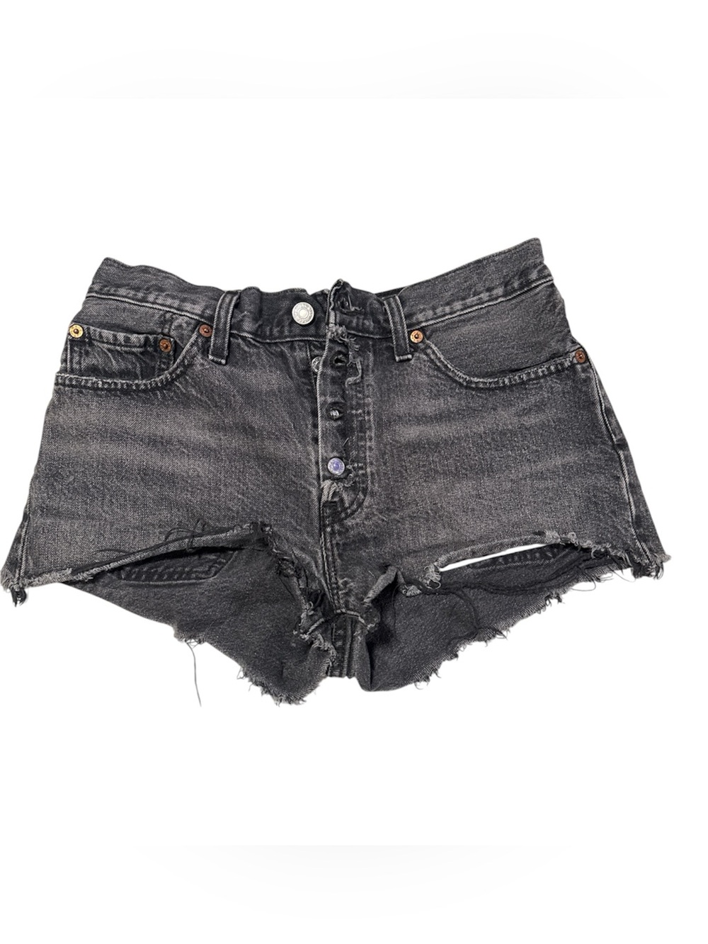 Levi's 501 black denim cut-off shorts distressed  exposed button fly closure 27